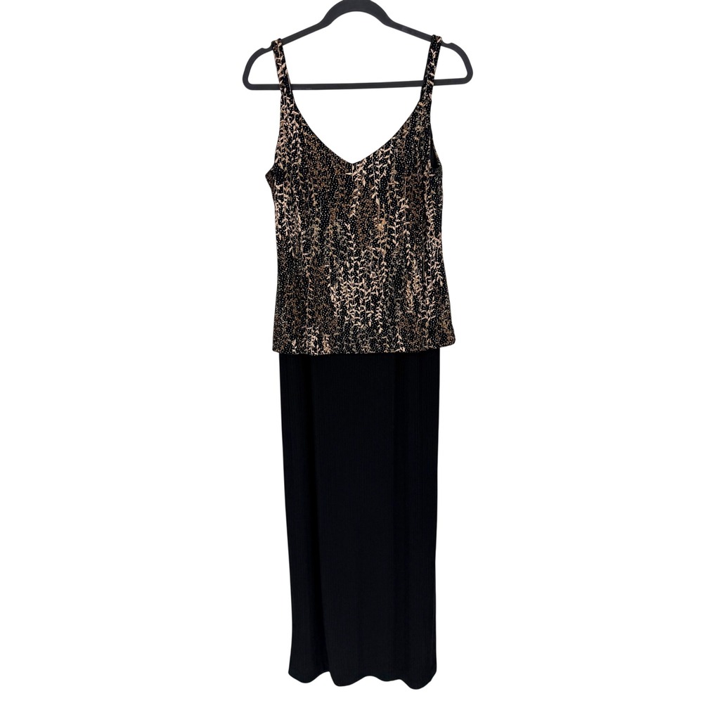 Alex Evenings Maxi Dress Metallic Leaf Print 10 Black Gold Formal Evening Gown